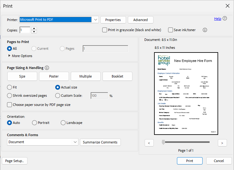 Adobe Acrobat Print Dialog Window